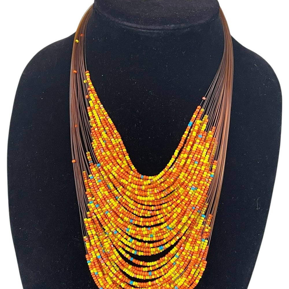 Multi-Strand Orange Seed Bead Statement Necklace - image 1